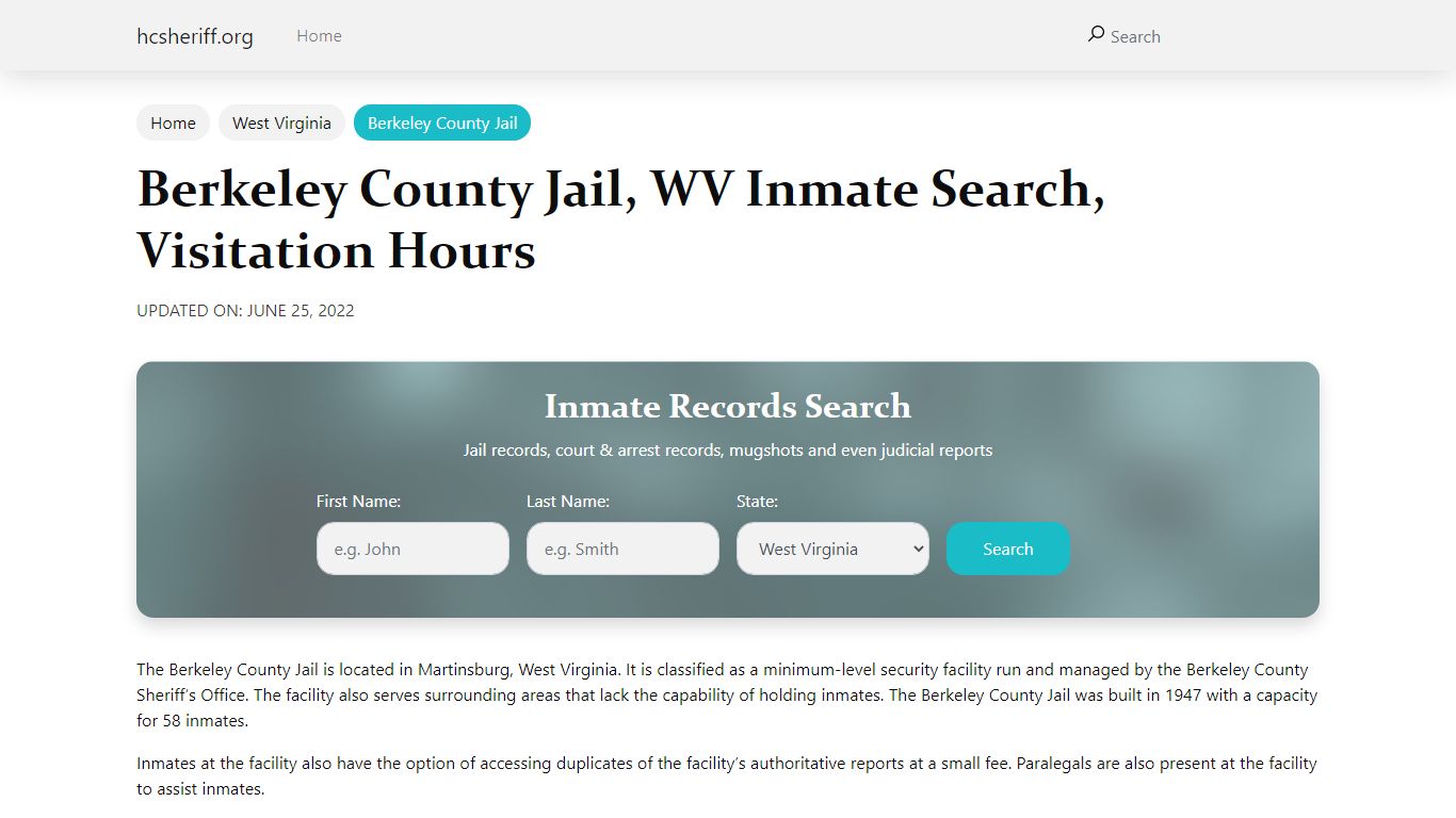Berkeley County Jail, WV Inmate Search, Visitation Hours